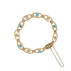 Antique Late Victorian 15K Rose Gold Open-Link Bracelet with Turquoise and Split Pearl Trefoils