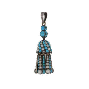 Georgian Silver and 18K Gold Turquoise and Split Pearl Tassel Pendant