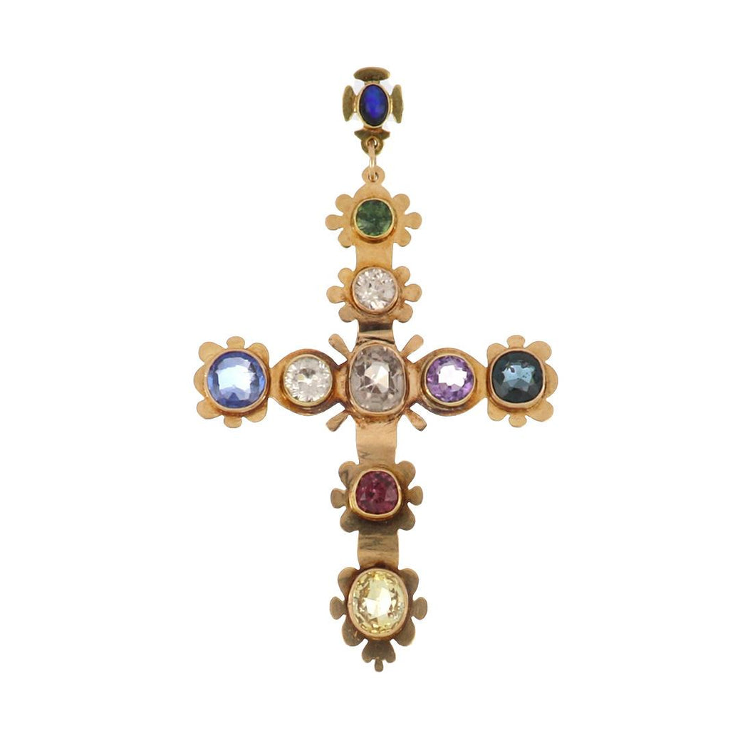 Antique Arts & Crafts 14K Rose Gold Multi Gemstone Cross Pendant