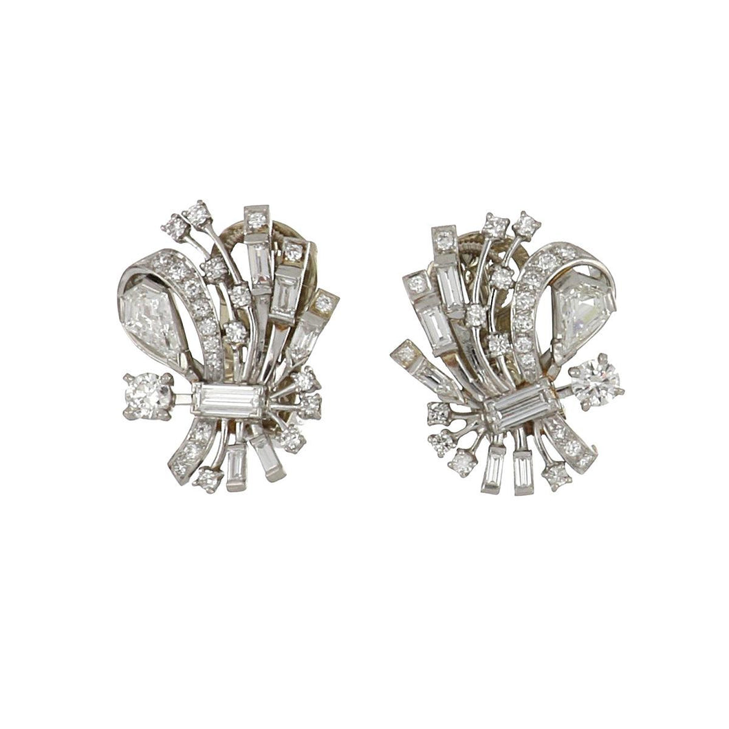 Art Deco Platinum Stylized Bouquet Diamond Cluster Earrings