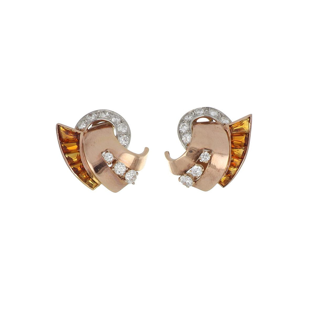 Retro 1940s 14K Rose Gold Swirl Earrings with Calibré-Cut Citrine and Diamonds