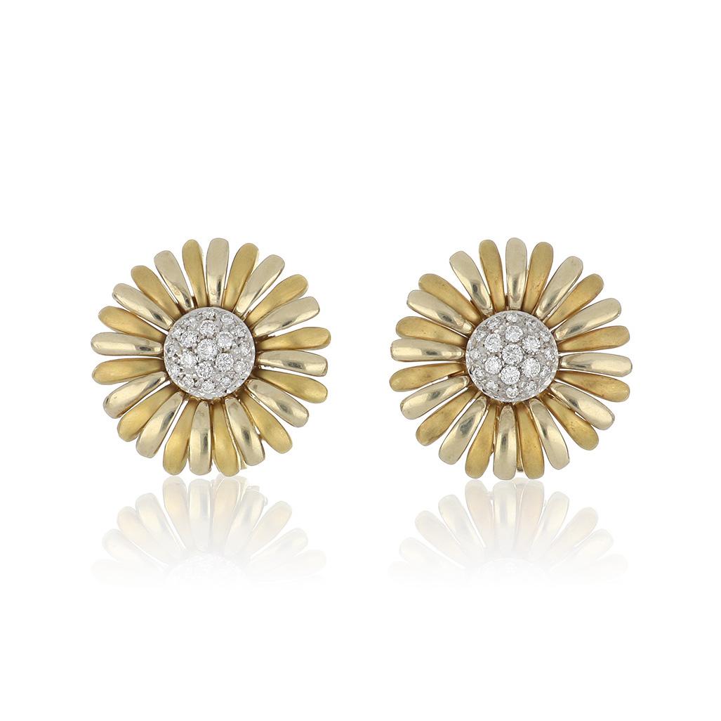 Vintage 1990s 18K Two-Tone Gold Daisy Earrings with Diamond Centers