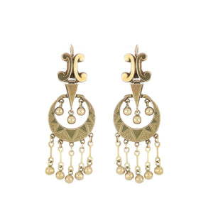 Victorian 10K Gold Crescent Drop Earrings with Beaded Fringe