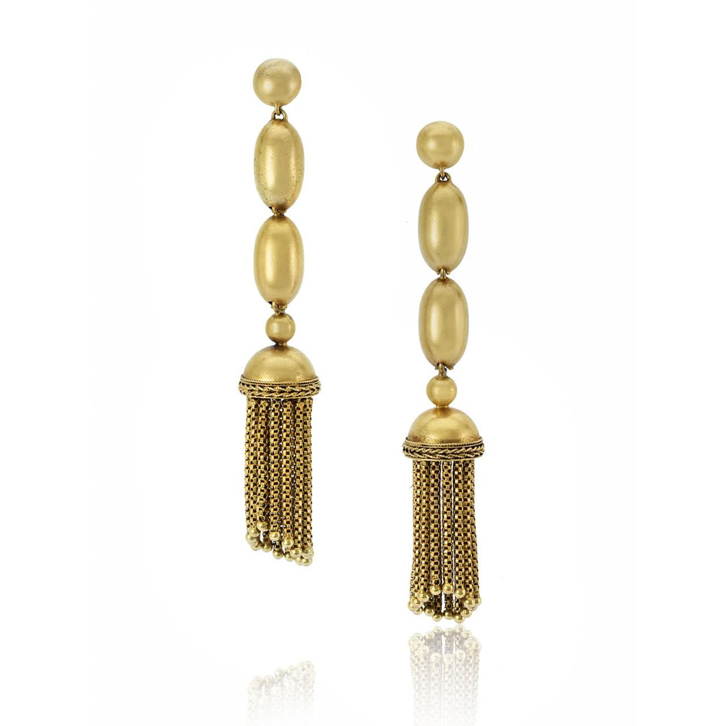 Victorian 14K Gold Bead and Fringe Tassel Earrings