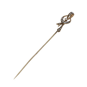 Victorian 10K Gold pearl diamond ribbon stickpin