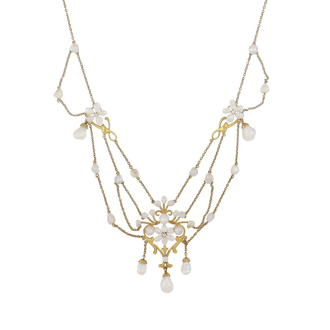 Art Nouveau 14K Gold Freshwater Pearl Swag Necklace with Diamonds