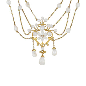 Art Nouveau 14K Gold Freshwater Pearl Swag Necklace with Diamonds