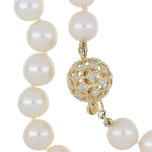 Estate 18K Gold Cultured Pearl Necklace with Diamond Ball Clasp