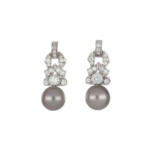 Platinum Openwork Diamond Earrings with Tahitian Pearls