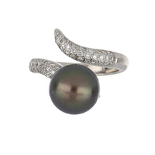 Load image into Gallery viewer, Estate 18K White Gold Tahitian Pearl and Diamond Bypass Ring
