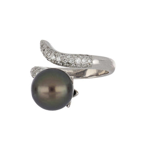 Estate 18K White Gold Tahitian Pearl and Diamond Bypass Ring