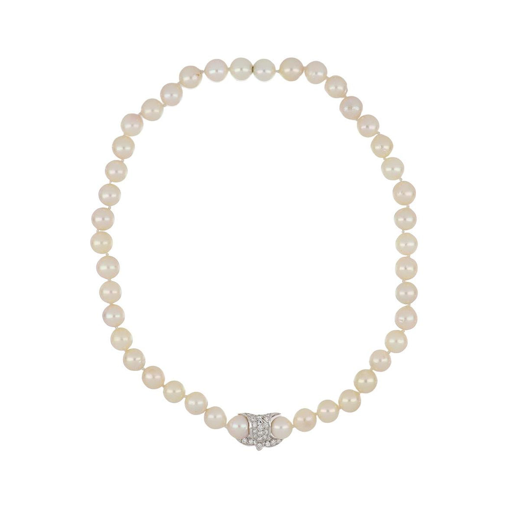 Estate Cultured Akoya Pearl Necklace with 18K White Gold and Diamond Enhancer