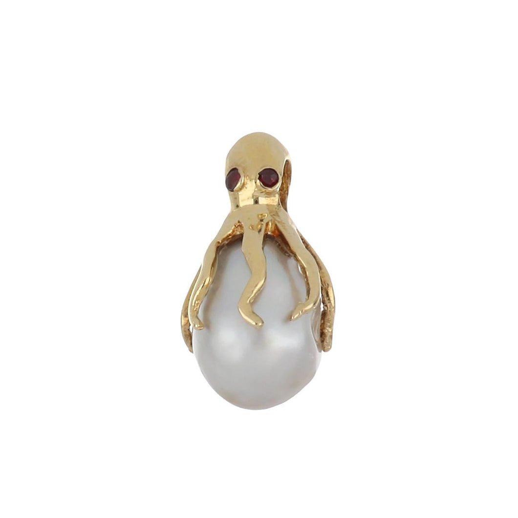 Estate 14K Gold Octopus Cultured Baroque Pearl Pendant with Rubies
