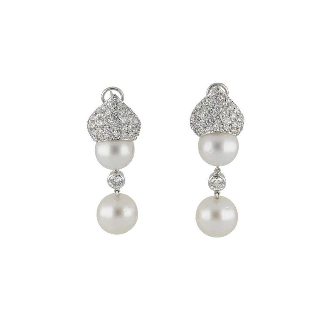 14K White Gold South Sea Pearl Drop Earrings with Diamonds