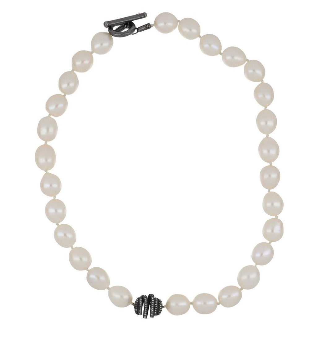 Yossi Harari Blackened Sterling Silver Pearl Necklace with Spiral Cage Bead