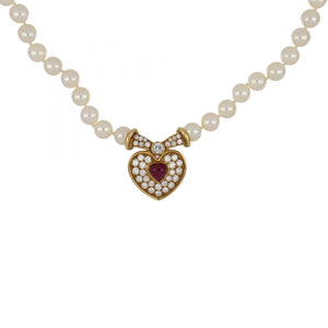 Vintage Fred Paris 18K Gold Pearl, Ruby, and Diamond Heart Necklace