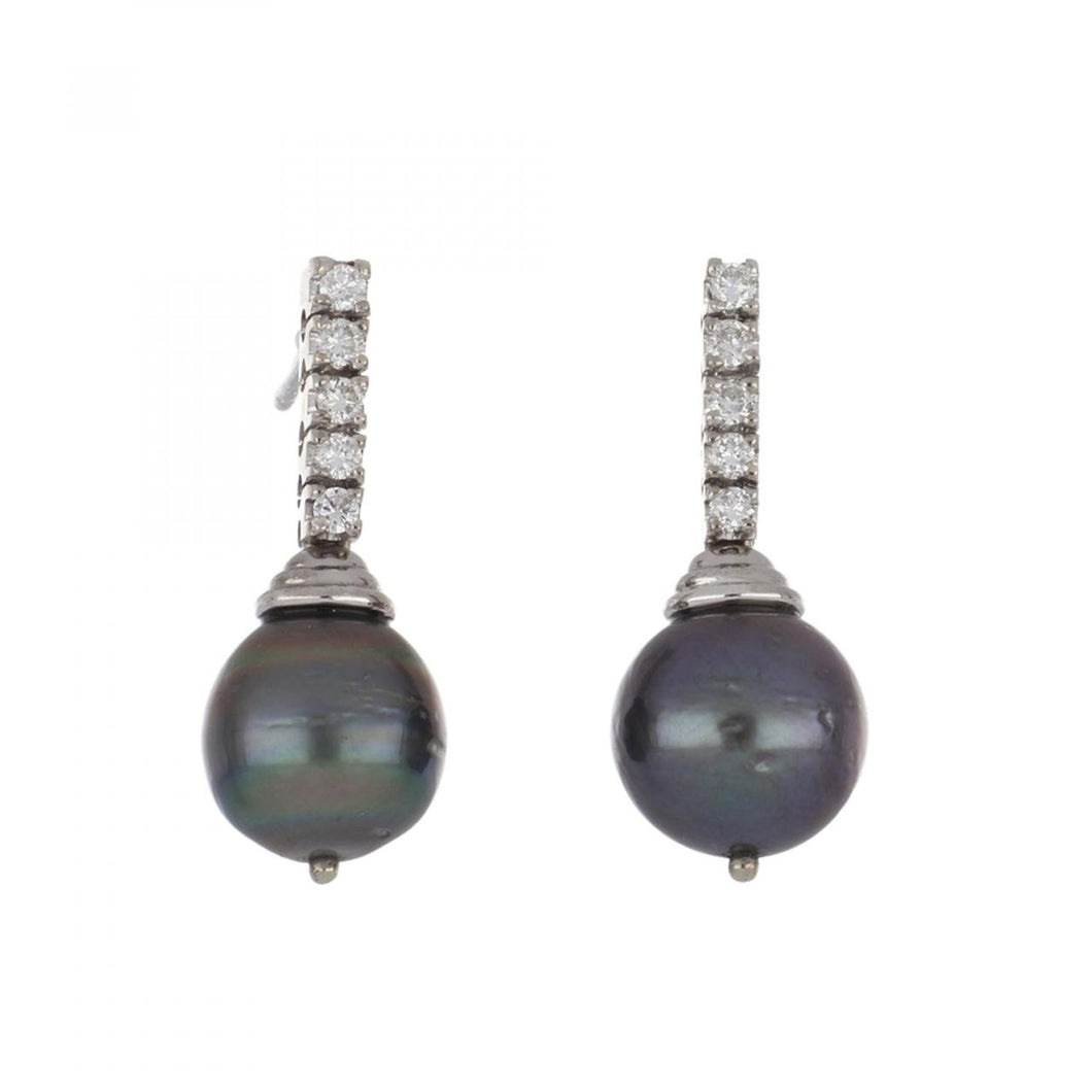 14K White Gold Pearl Drop Earrings with Diamonds