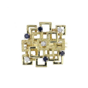 Mid-Century 18K Gold Square Ring with Sapphires and Diamonds