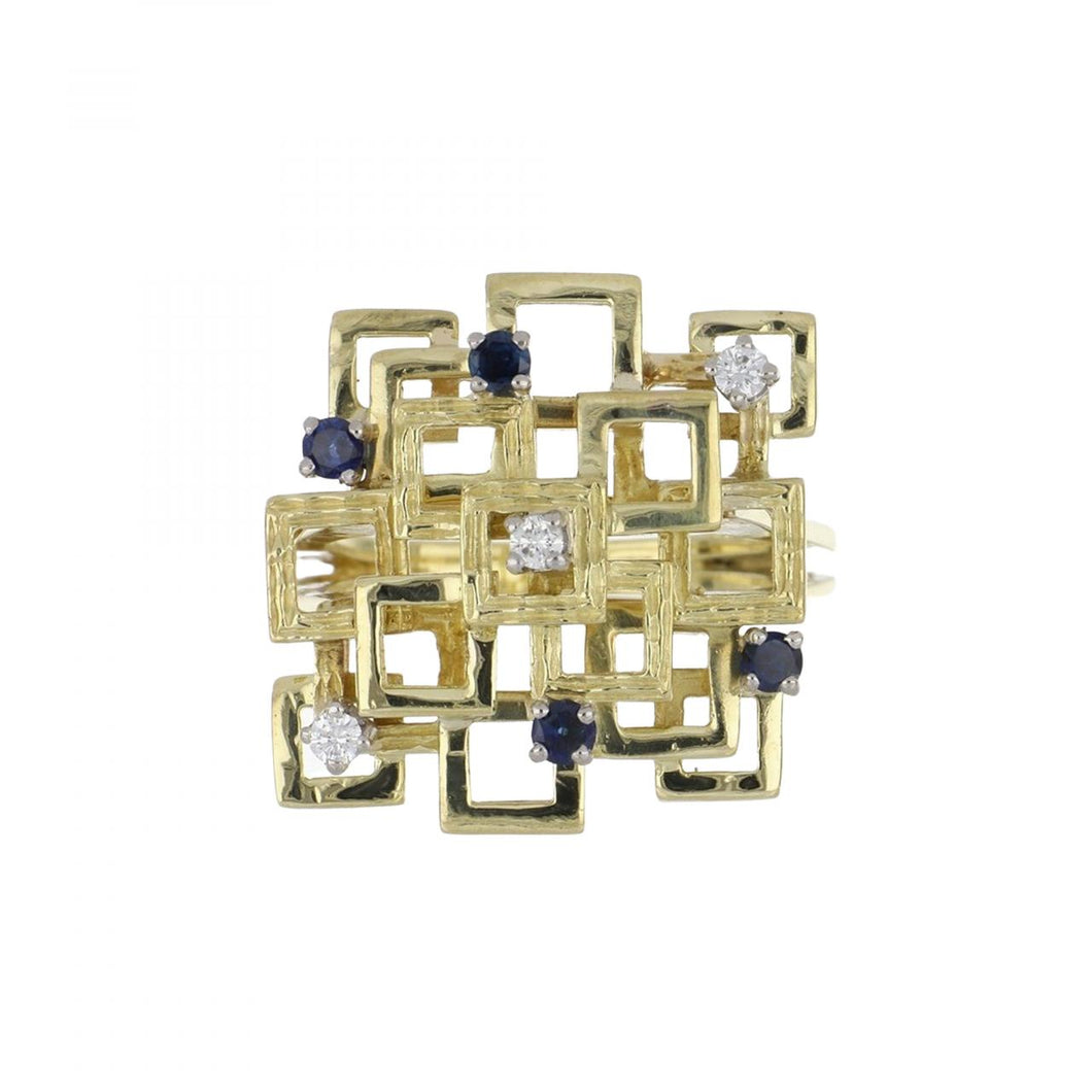 Mid-Century 18K Gold Square Ring with Sapphires and Diamonds