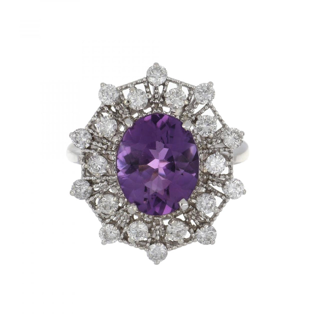Vintage 1990s 14K White Gold Amethyst and Diamond Ring