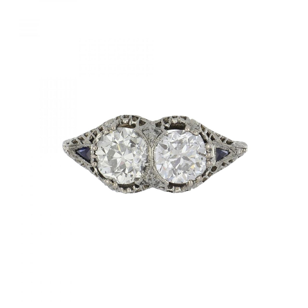 Art Deco 18K White Gold Twin Stone Diamond Ring