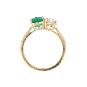 18K Gold Emerald and Marquise Diamond Two Stone Ring