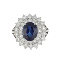 Load image into Gallery viewer, Vintage 1990s 18K White Gold Sapphire and Diamond Halo Ring
