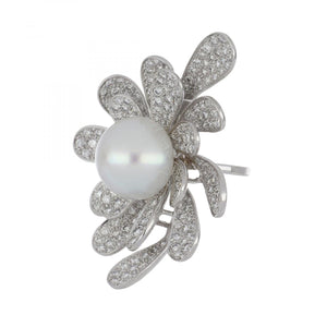 18K White Gold South Sea Pearl and Diamond Flower Ring