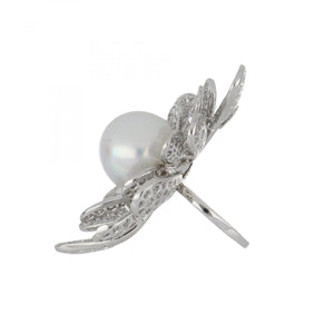 18K White Gold South Sea Pearl and Diamond Flower Ring