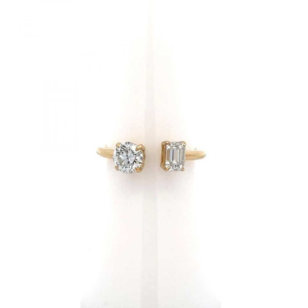 18K Gold Two-Stone Round and Emerlad-Cut Diamond Ring