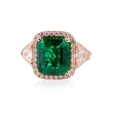 Load image into Gallery viewer, 18K Gold Emerald Ring with Diamond Shoulders and Frame
