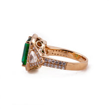 Load image into Gallery viewer, 18K Gold Emerald Ring with Diamond Shoulders and Frame
