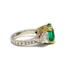 Load image into Gallery viewer, Platinum and 18K Gold Colombian Emerald Ring with Trillion Diamonds
