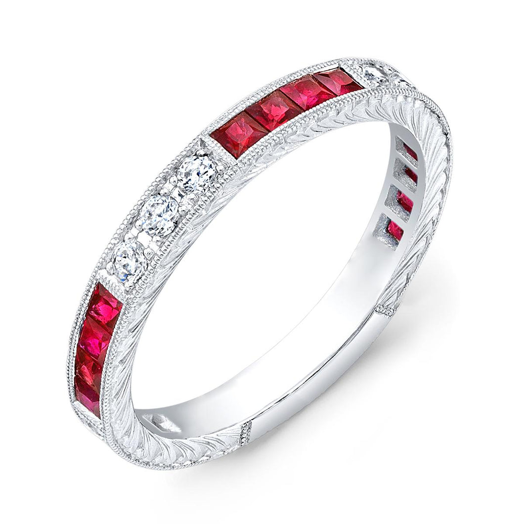 18K White Gold Diamond and Ruby 3/4 Band