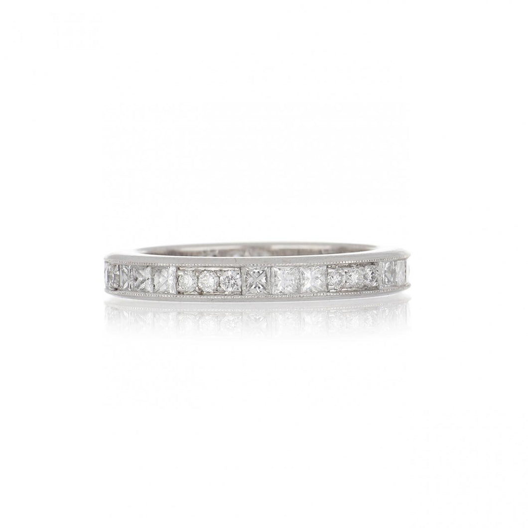 Platinum Channel-Set Princess-Cut and Round Diamond Eternity Band with Millegrain