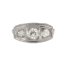 Load image into Gallery viewer, Art Deco Platinum Filigree Illusion-Set Three-Stone Diamond Ring
