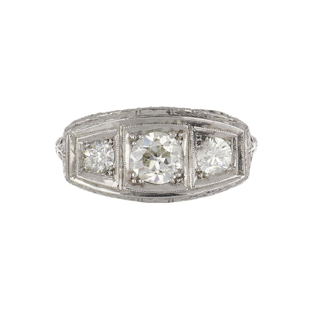 Art Deco Platinum Filigree Illusion-Set Three-Stone Diamond Ring