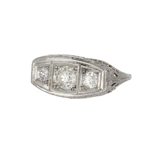 Art Deco Platinum Filigree Illusion-Set Three-Stone Diamond Ring