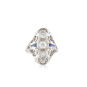 Art Deco 18K White Gold Navette Diamond and Sapphire Ring