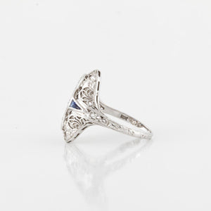 Art Deco 18K White Gold Navette Diamond and Sapphire Ring