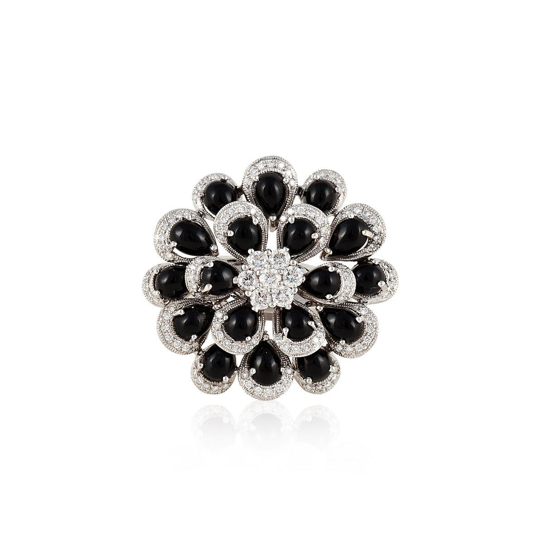 18K White Gold Onyx and Diamond Flower Ring