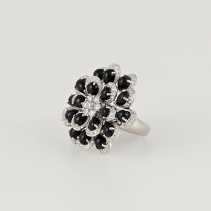 18K White Gold Onyx and Diamond Flower Ring