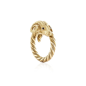 18K Gold Ram's Head Ring with Rubies