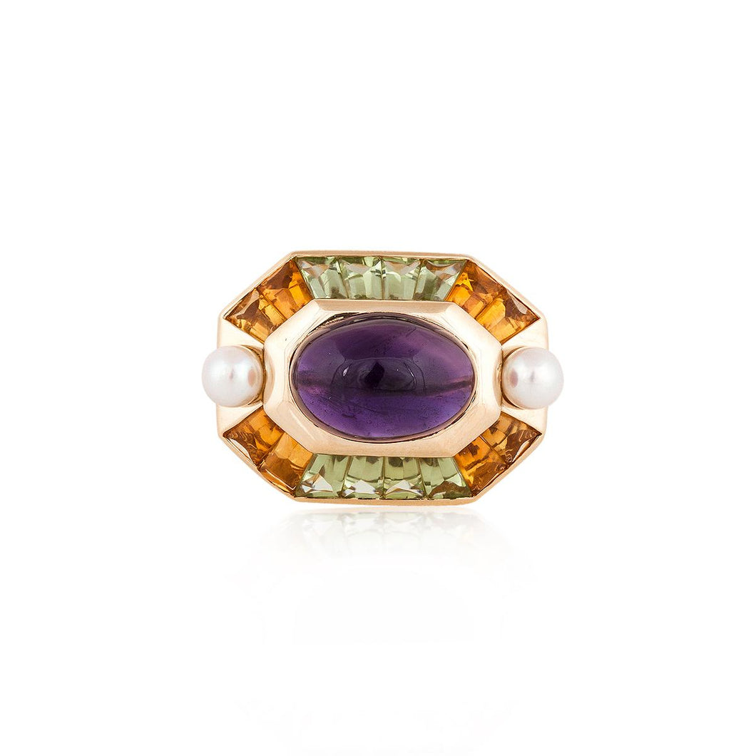 Estate Chanel 18K Gold Gemstone and Cultured Pearl Ring