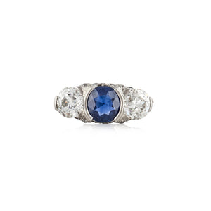 Art Deco Platinum Sapphire and Old European-Cut Diamond Three-Stone Ring