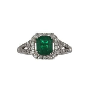 Modern Estate 14K White Gold Emerald Ring with Diamond Pavé
