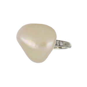 Edwardian 18K White Gold Natural Baroque Pearl Ring with Diamonds