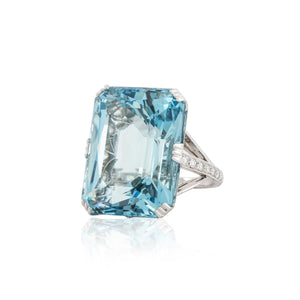 Art Deco-Style Platinum Filigree Aquamarine and Diamond Ring