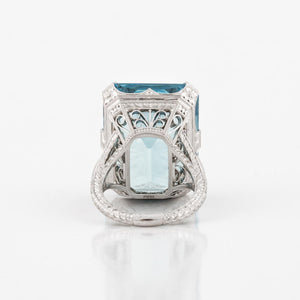 Art Deco-Style Platinum Filigree Aquamarine and Diamond Ring