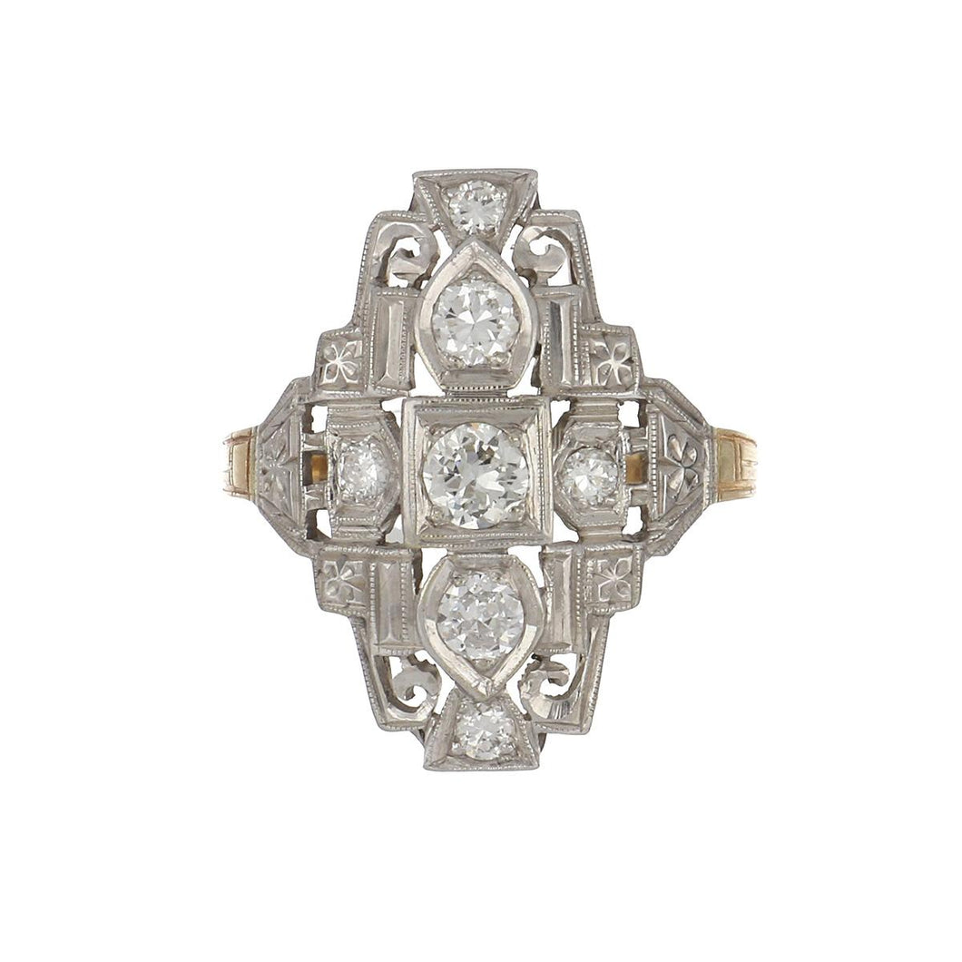 Art Deco 14K Two-Tone Gold Openwork Diamond Navette Ring with Orange Blossom Engraving